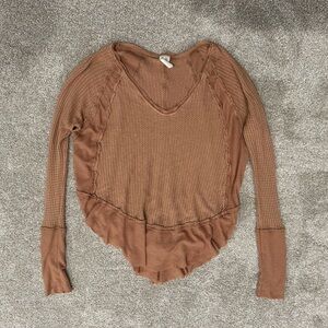We The Free Textured Waffle Knit Ruffle Hem Boho Top Brown